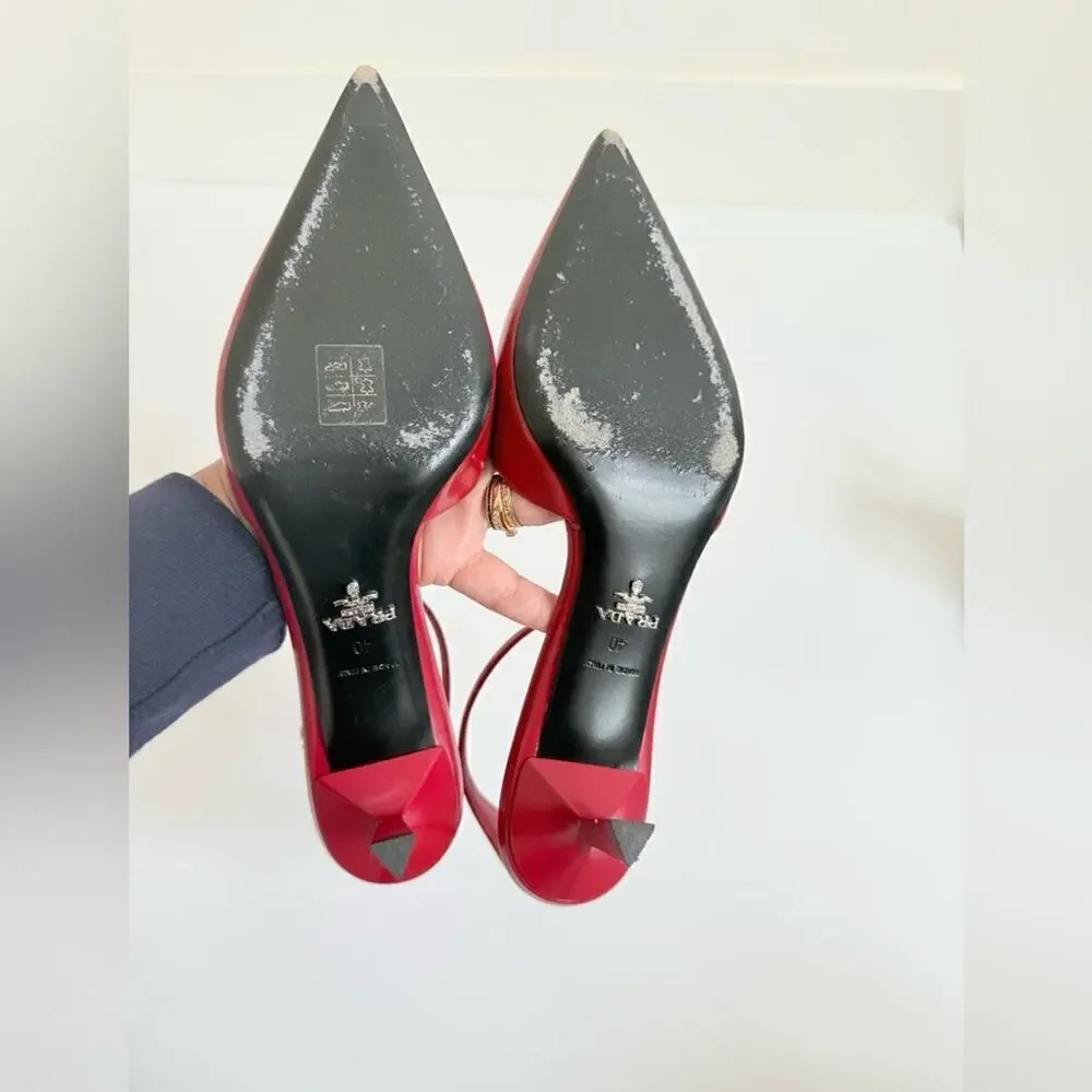 Prada Scarlet Red Leather Logo Plaque pointed toe ankle strap pumps EU 40